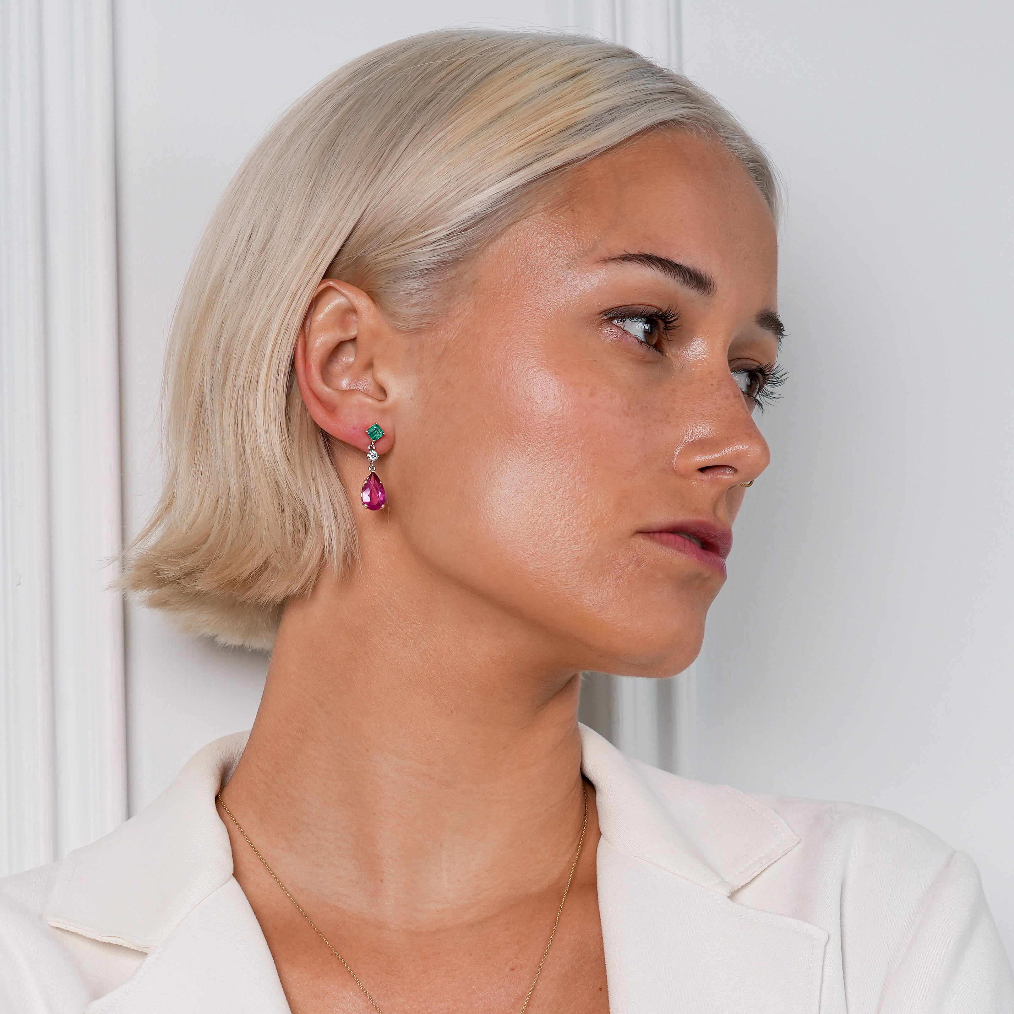 Aurora Rouge Earring In Two Tone Set With Tourmaline And Emerald